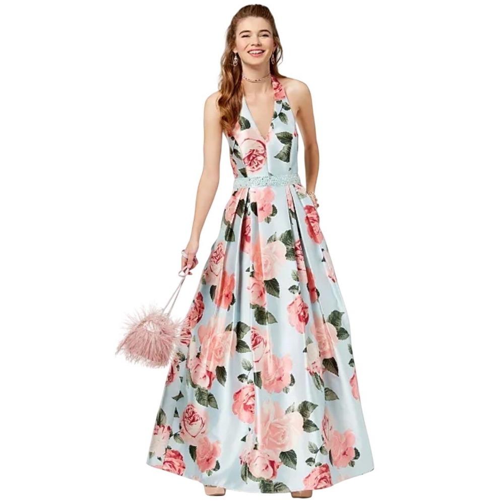 Nights by Teeze‎ Me Floral Halter Maxi Dress Size 5/6 Prom Beaded Belt Aqua Pink